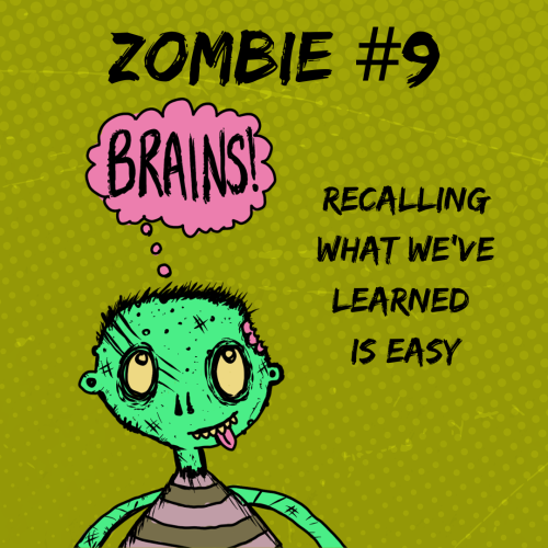 A zombie deep in thought, with a thought bubble above its head that says 'brains.'