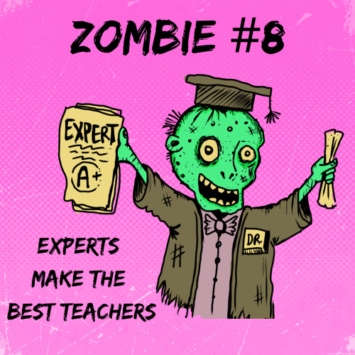 A zombie wearing a scholar's graduation cap, holding a scroll in one hand and a paper that reads 'Expert A+' in the other.