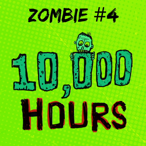 A zombie head peeking over text that reads "10,000 hours."