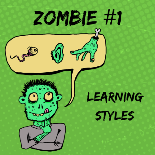 A zombie with a thought bubble above its head containing an eye, ear, and hand, symbolizing different learning styles.