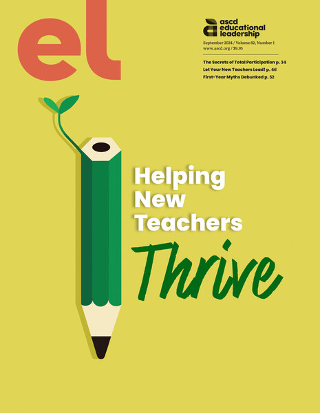 Magazine cover titled 'Helping New Teachers Thrive' featuring a yellow background and a green pencil with a small sprout growing from the top, symbolizing growth and thriving